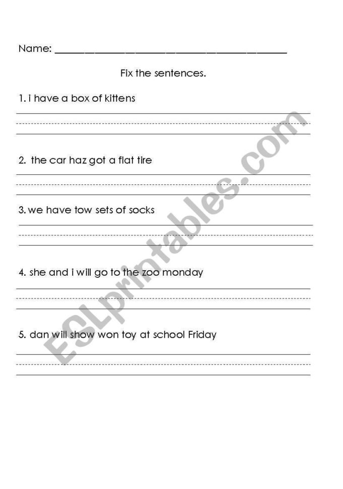 English Worksheets Fix The Sentence