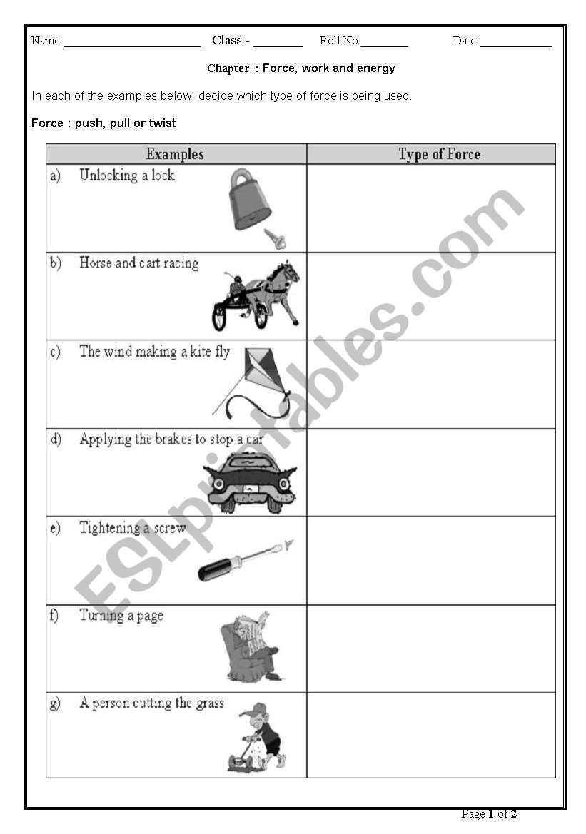 English Worksheets Force Work And Energy