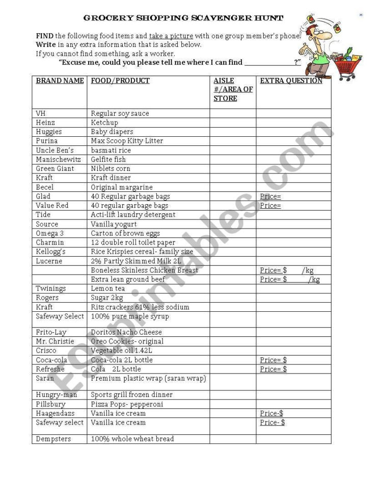 English Worksheets Grocery Store Scavenger Hunt