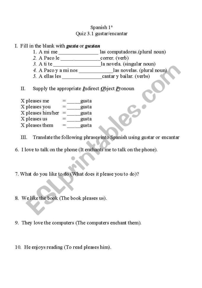 English Worksheets Gustar And Encantar  Test