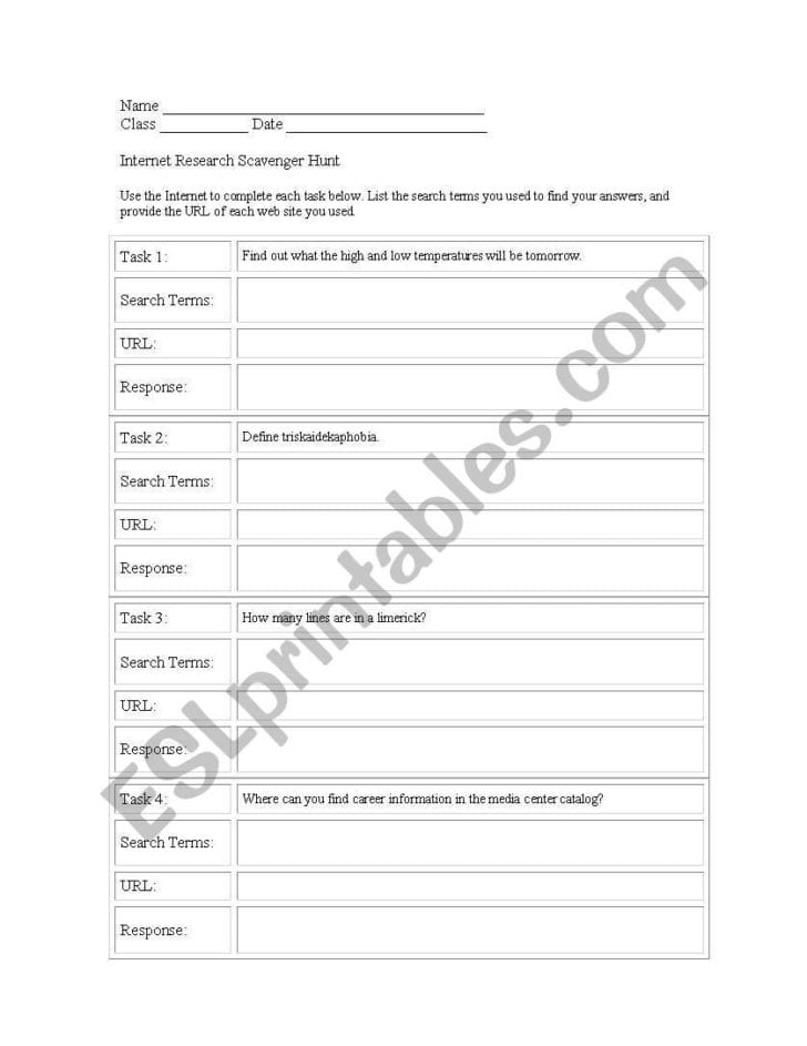 Internet Scavenger Hunt Worksheet