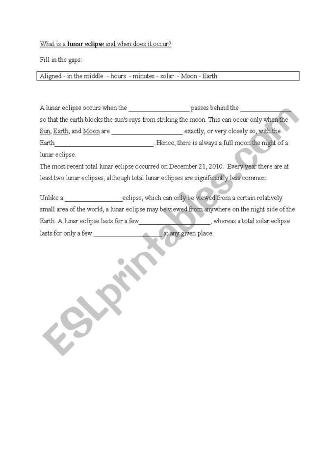 English Worksheets Lunar And Solar Eclipse