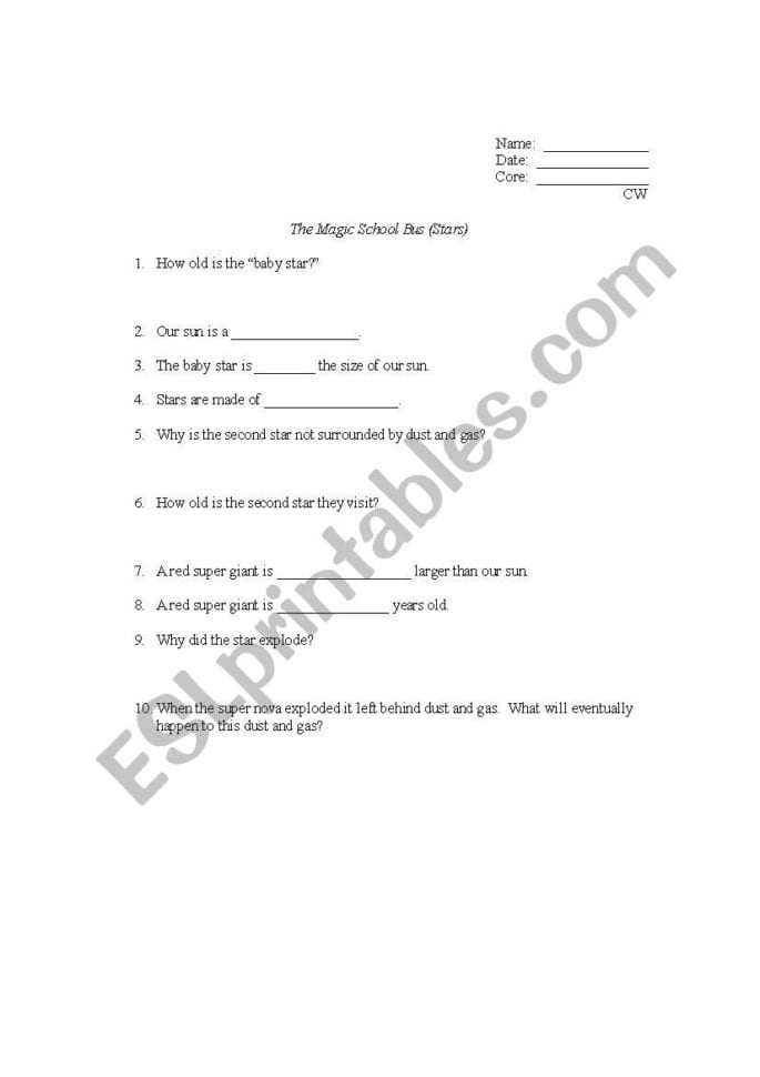 English Worksheets Magic School Bus Gets Lost In The Solar