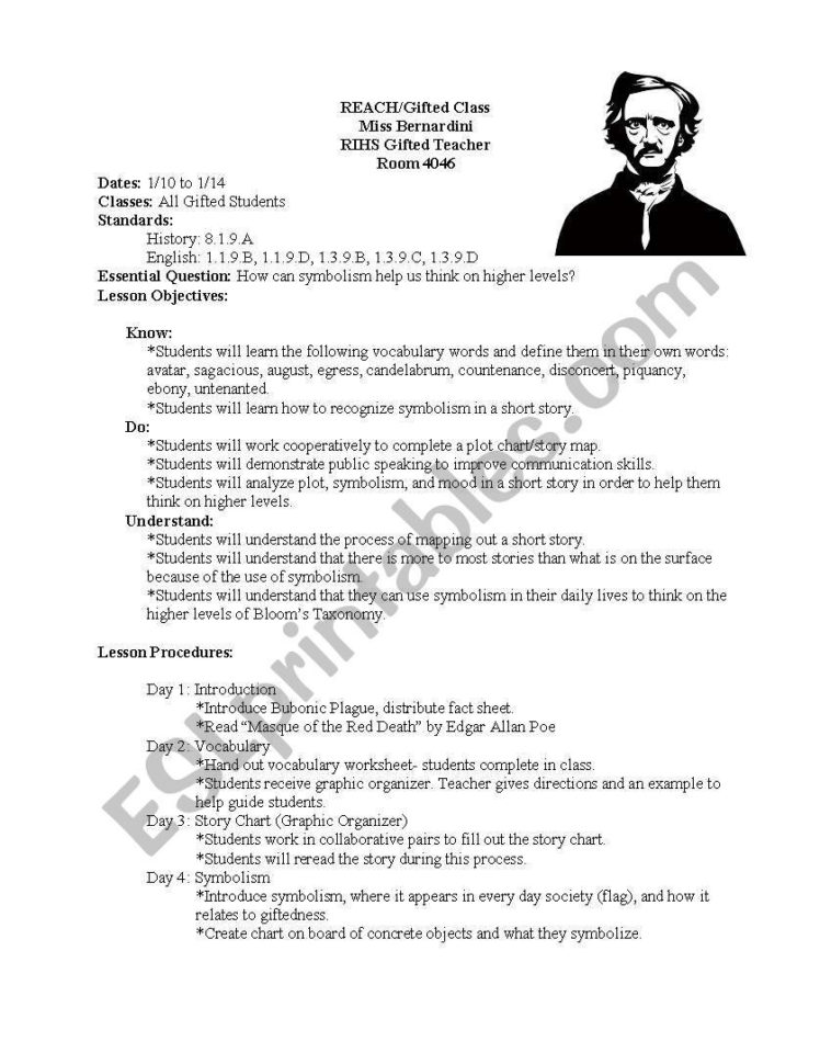 English Worksheets Masque Of The Red Death Lesson Plan