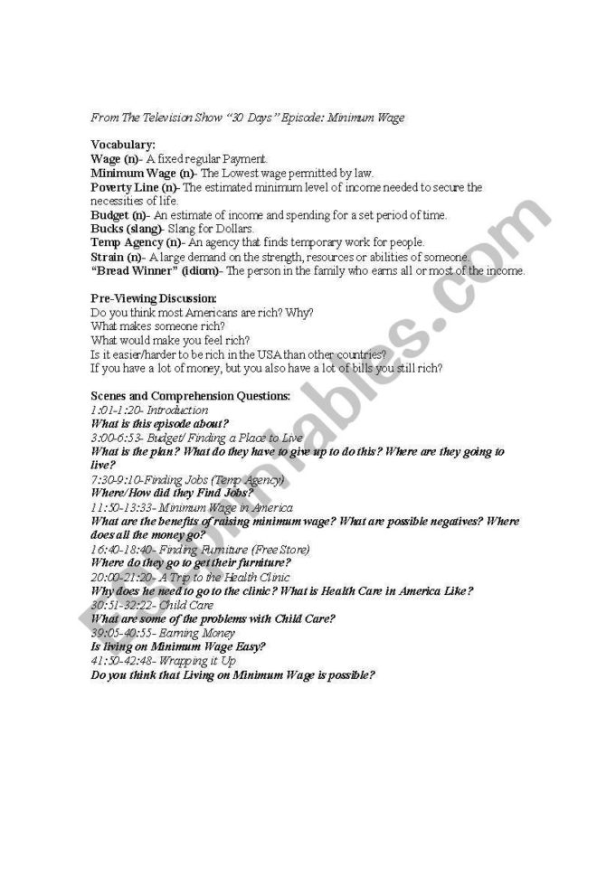 English Worksheets Minimum Ge 30 Days Television Show