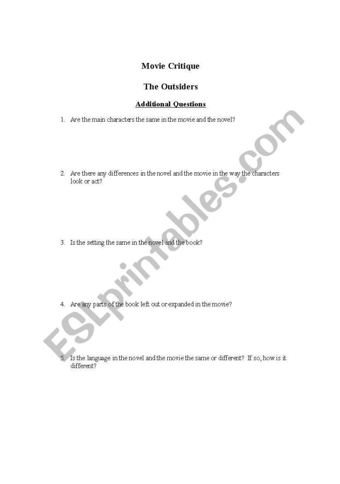 English Worksheets Movie Critique Questionsthe Outsiders