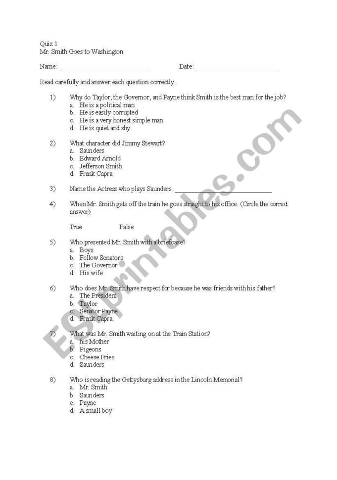 English Worksheets Mr Smith Goes To Shington Quiz 1
