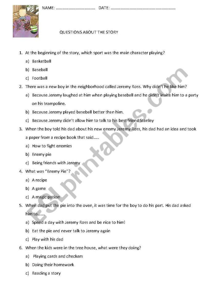 English Worksheets Multiple Choice  Reading Comprehension