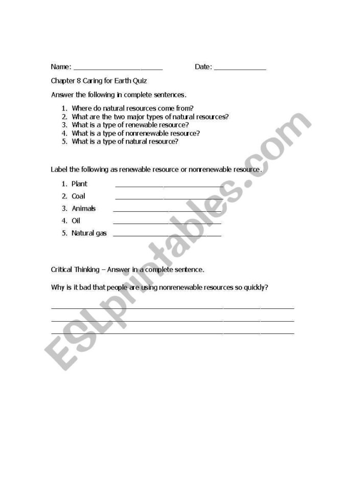 English Worksheets Natural Resources Quiz  Review Worksheet