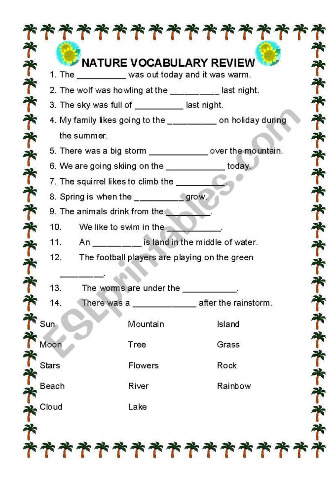 English Worksheets Nature Vocabulary Practice