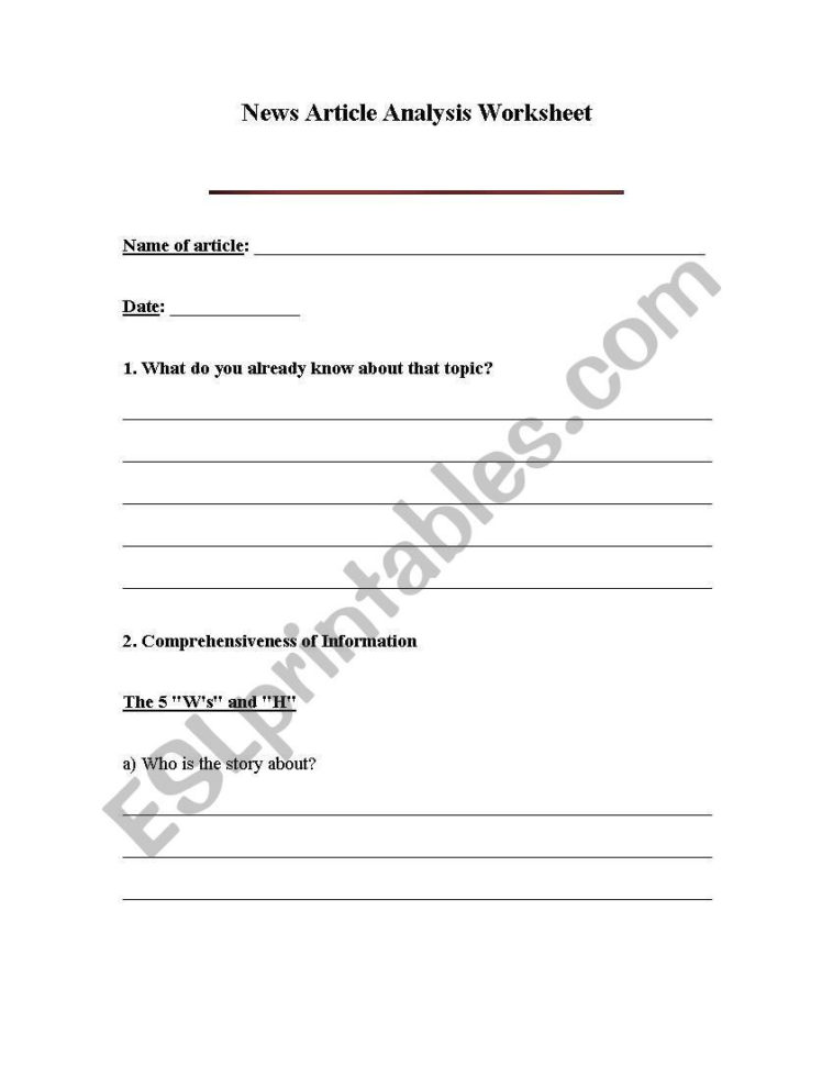 English Worksheets Newspaper Analysis Worksheet