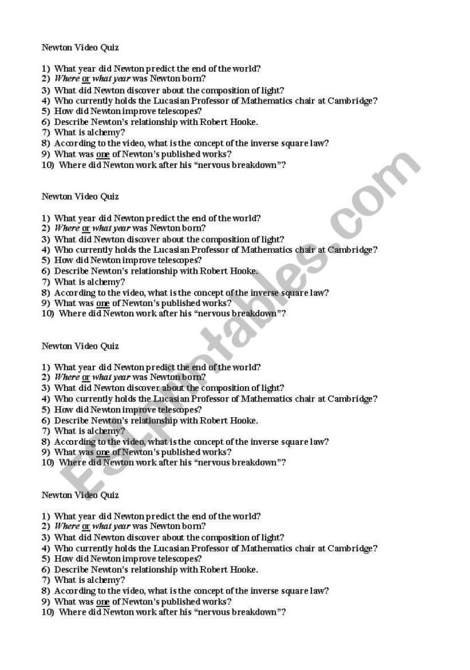 English Worksheets Newton´s Dark Secrets Vidoe Quiz Nova