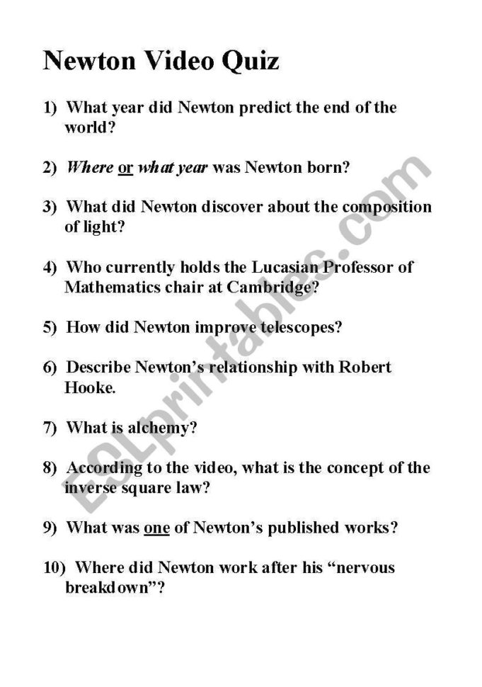 English Worksheets Newton´s Dark Secrets Vidoe Quiz Nova
