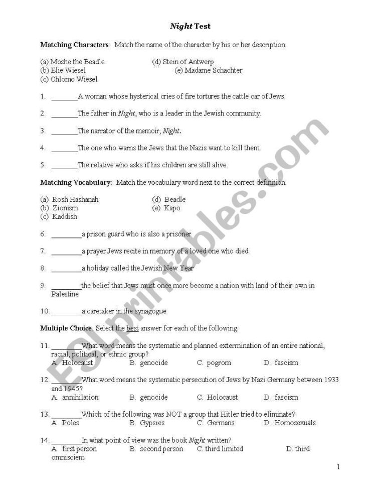 English Worksheets Nightelie Wiesel Book Test