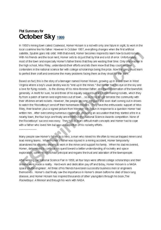 English Worksheets October Sky Summary And Essay Question