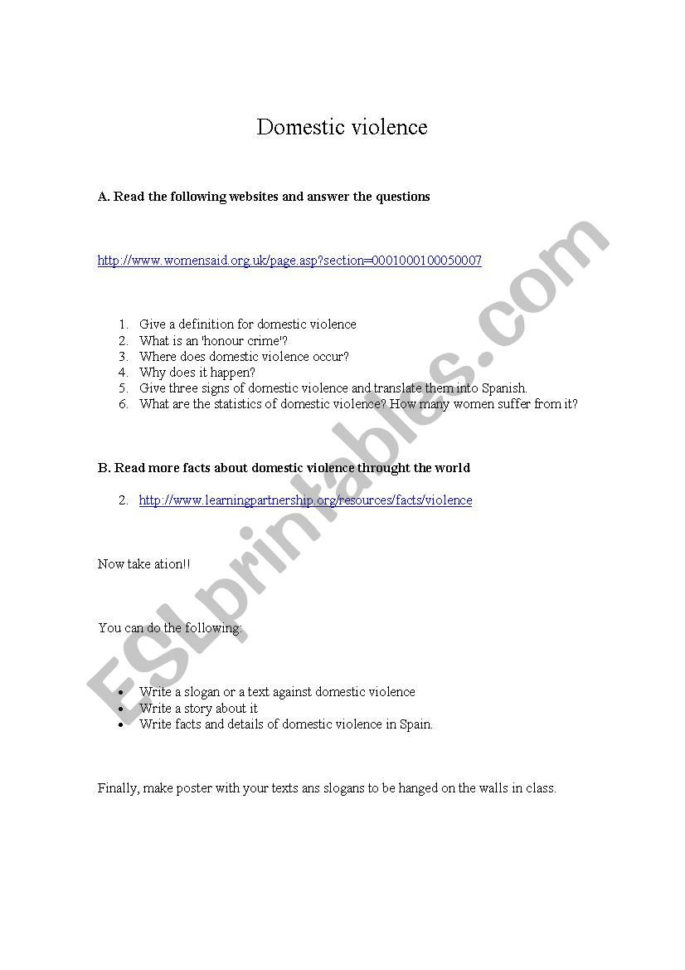 English Worksheets On Domestic Violence