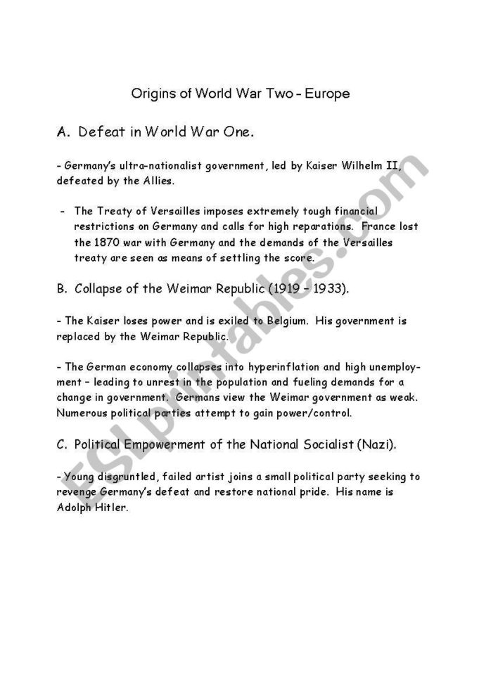 English Worksheets Origins Of World R Ii