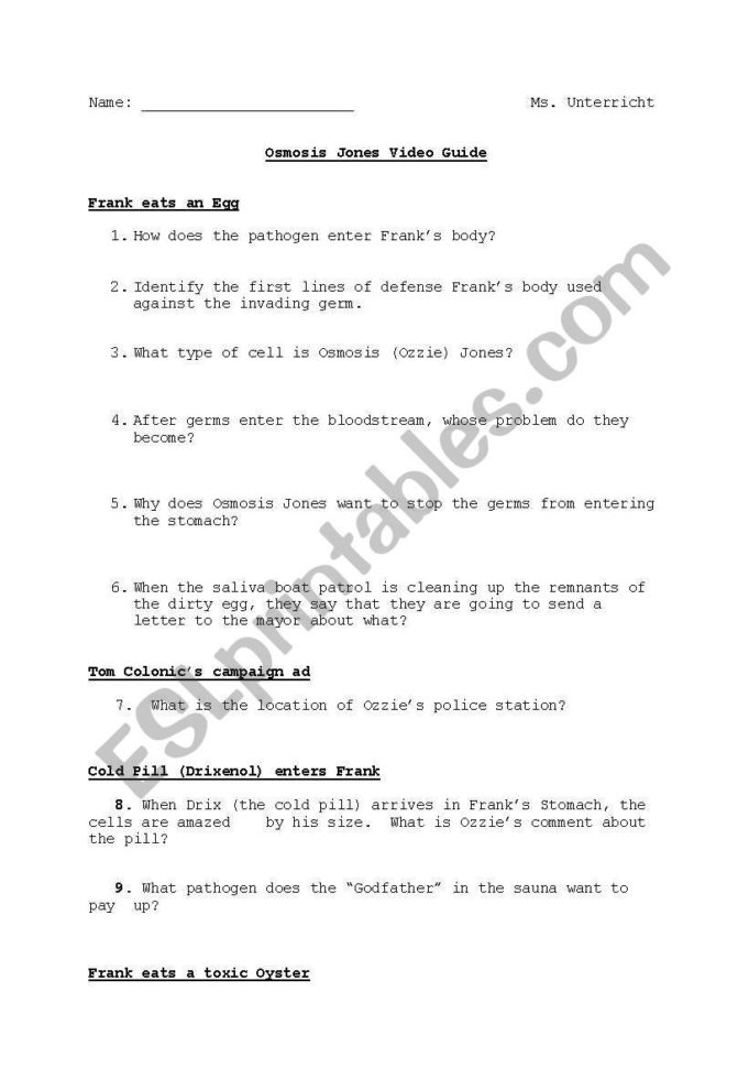 English Worksheets Osmosis Jones Film