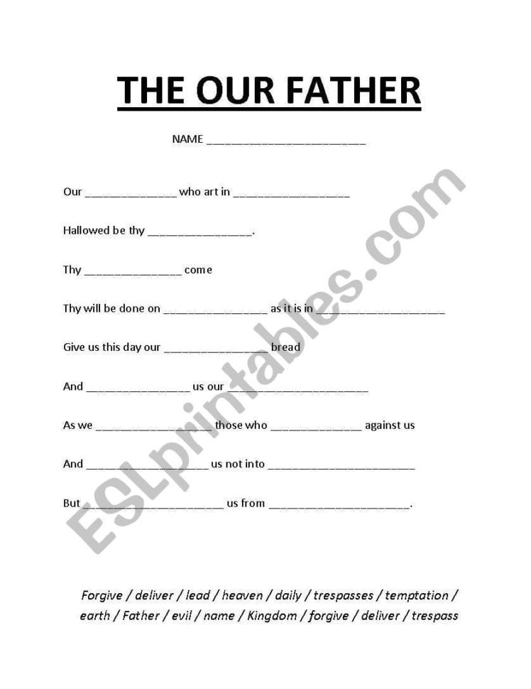 English Worksheets Our Father Cloze Activity
