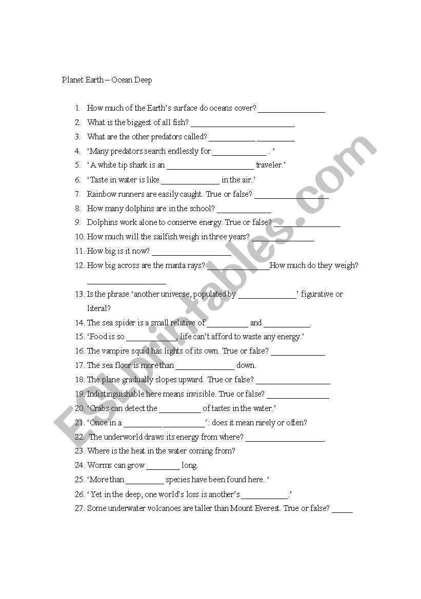 English Worksheets Planet Earth Ocean Deep Questions