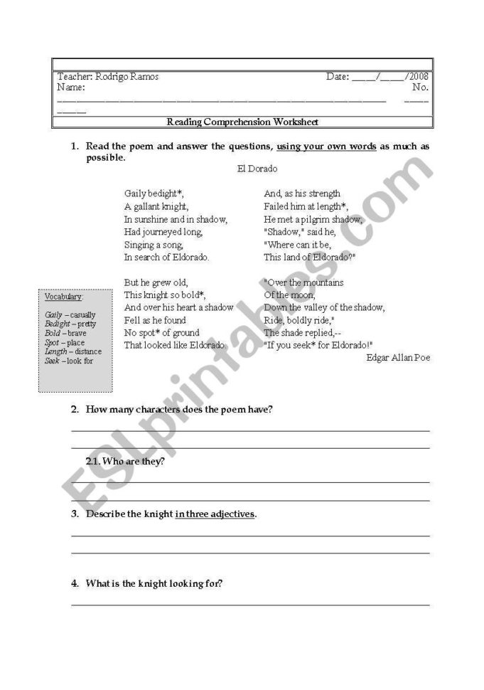 English Worksheets Reading Comprehension El Dorado