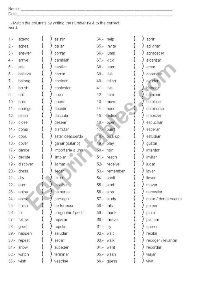 English Worksheets Regular Verbs English  Spanish Test