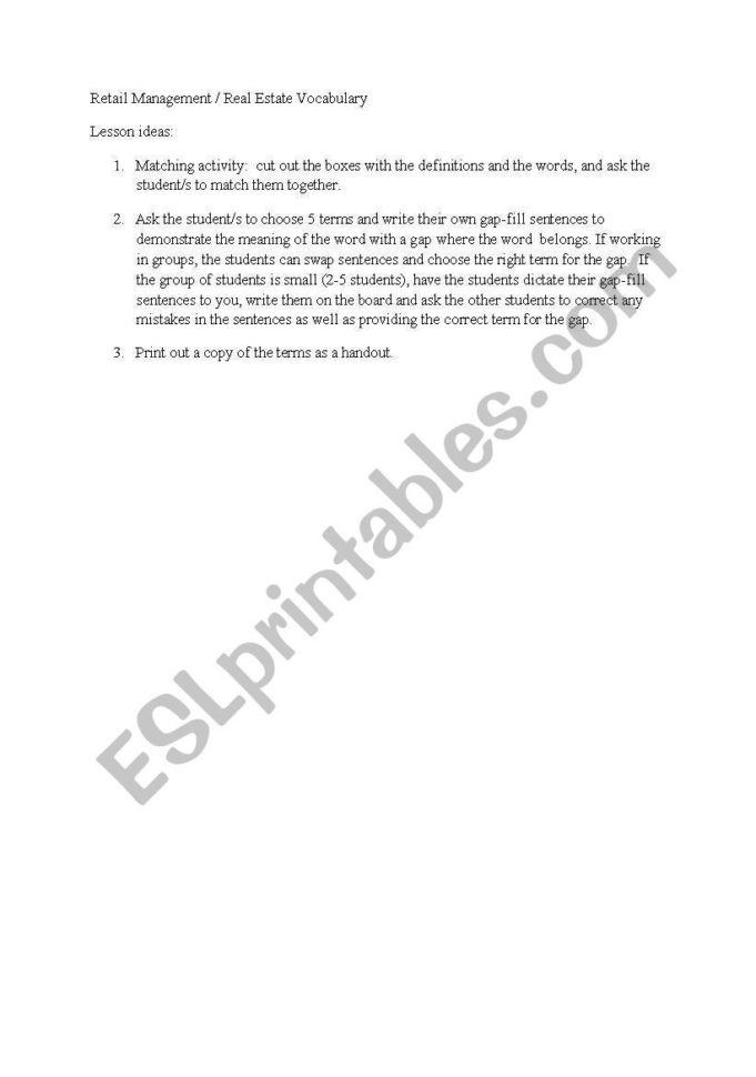 English Worksheets Retail Management And Real Estate