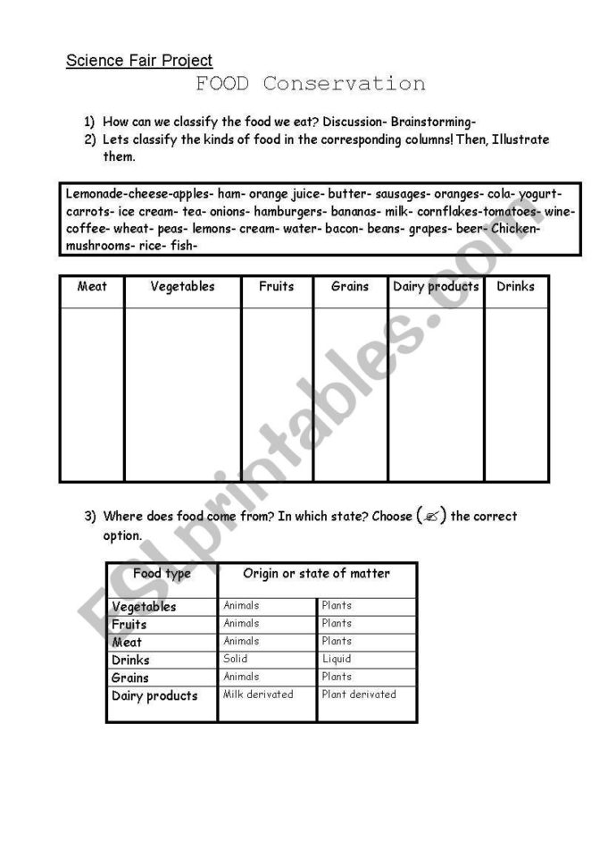 English Worksheets Science Fair Project  Food Conservation