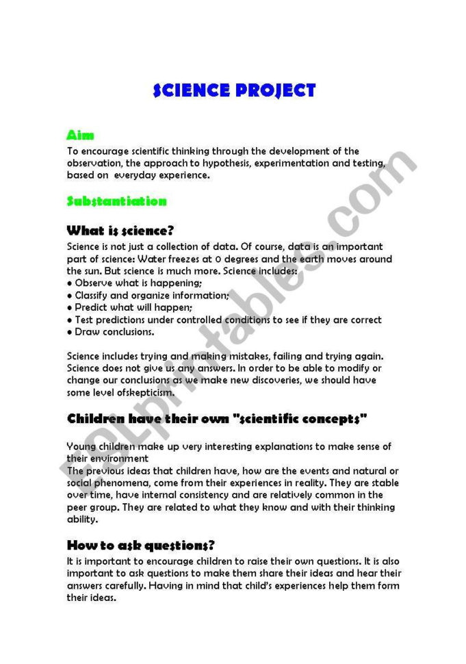 English Worksheets Science Project
