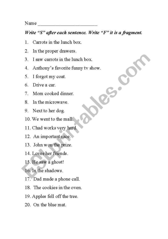 English Worksheets Sentence Or Fragment