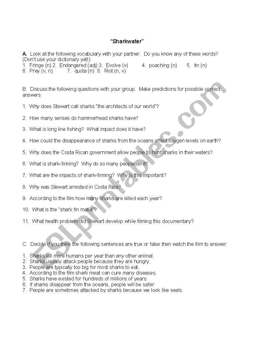 English Worksheets "sharkter" Comprehension Form