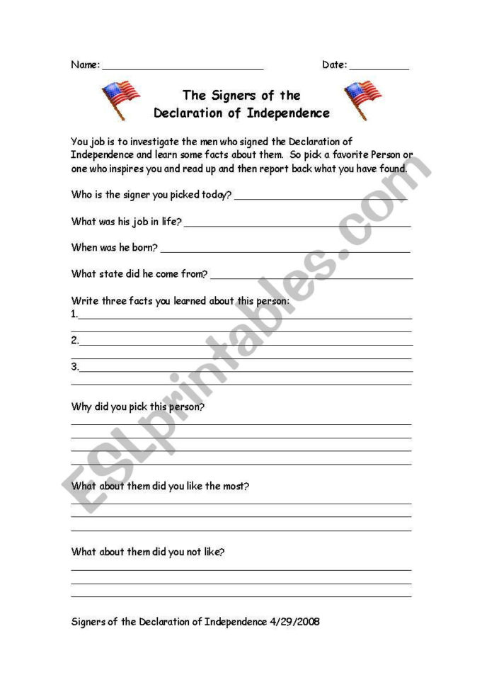 English Worksheets Signers Of The Declaration Of Independence