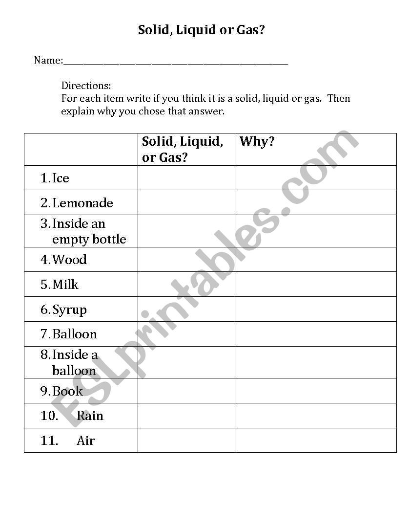 English Worksheets Solid Liquid Gas