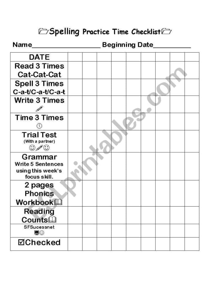 English Worksheets Spelling Practice Checklist