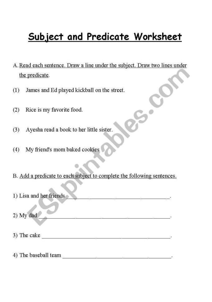 English Worksheets Subject And Predicate Worksheet
