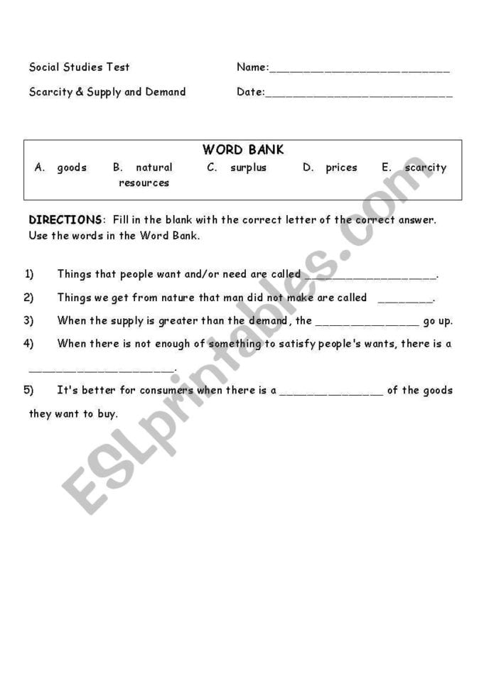 English Worksheets Supply  Demand And Scarcity