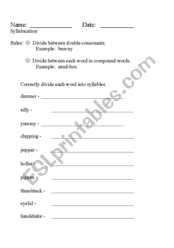 English Worksheets Syllabication Practice