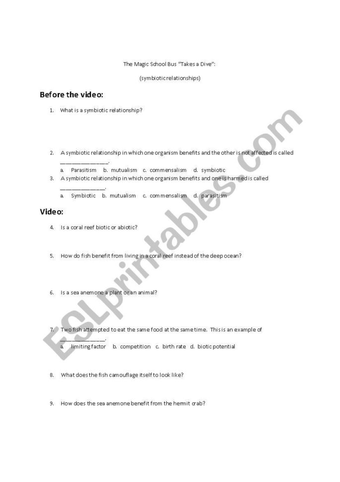 English Worksheets Symbiotic Relationshipsmagic School Bus