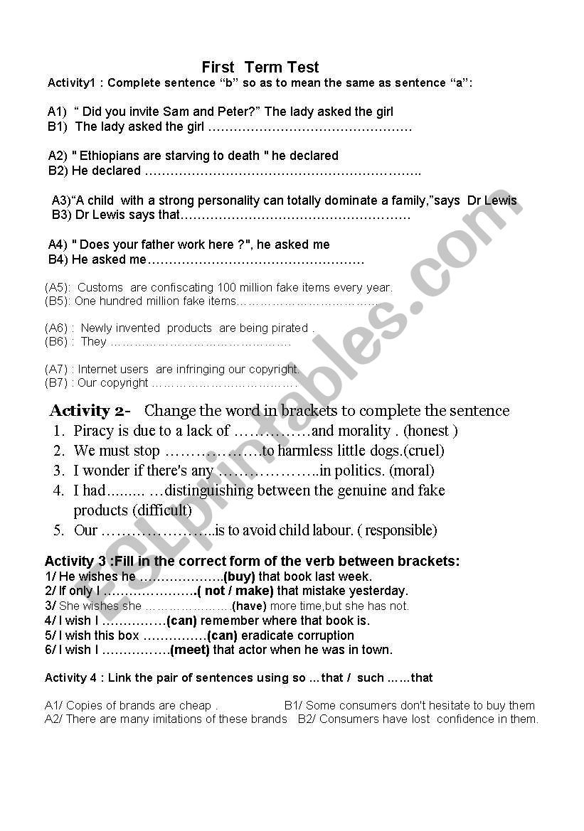English Worksheets Test On Wishes