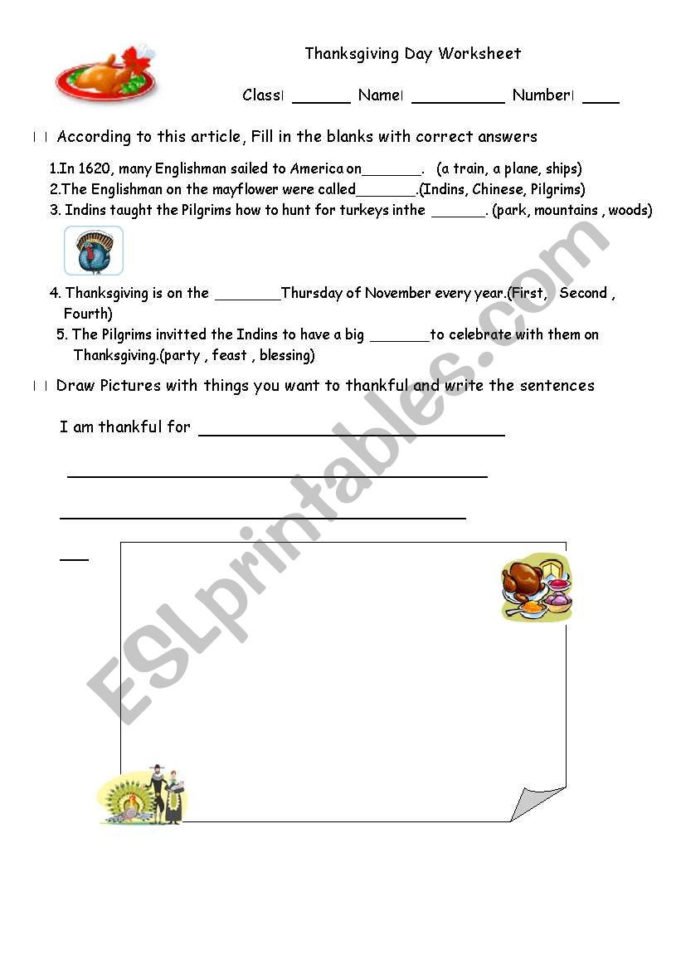 English Worksheets Thanksgiving Day