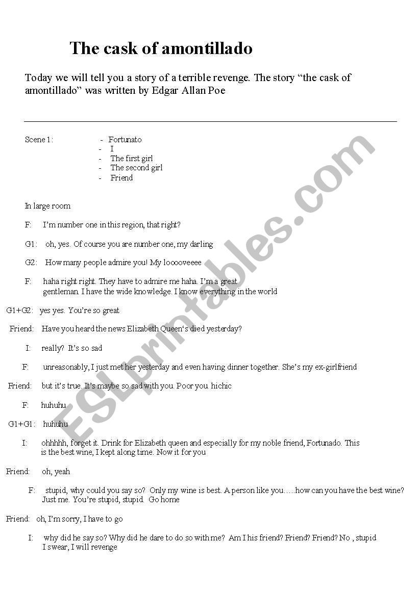 English Worksheets The Cask Of Amontillado