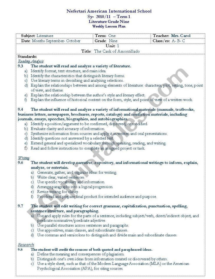 English Worksheets The Cask Of Amontillado Lesson Plan
