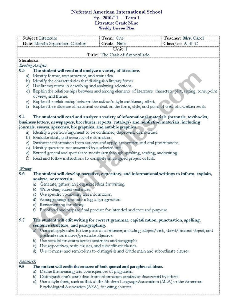 English Worksheets The Cask Of Amontillado Lesson Plan