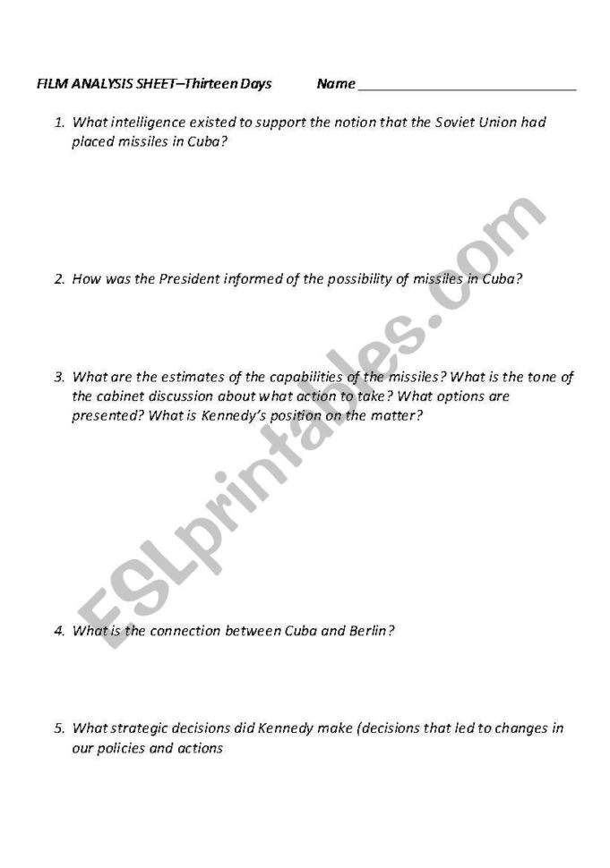 English Worksheets Thirteen Days Film Analysis