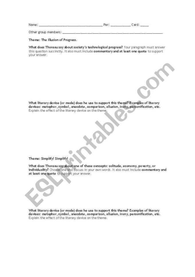 English Worksheets Thoreau´s Lden Literary Analysis