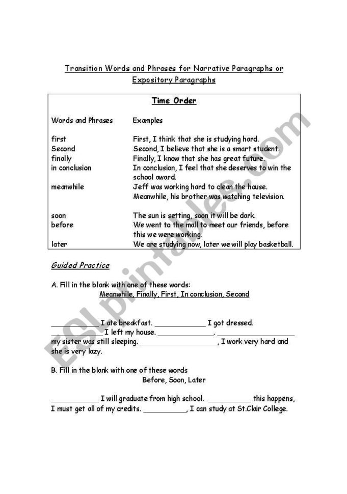English Worksheets Transition Words  Time Order
