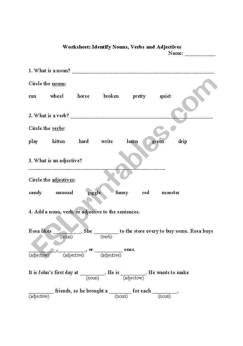 English Worksheets Worksheet Identify Nouns Verbs And