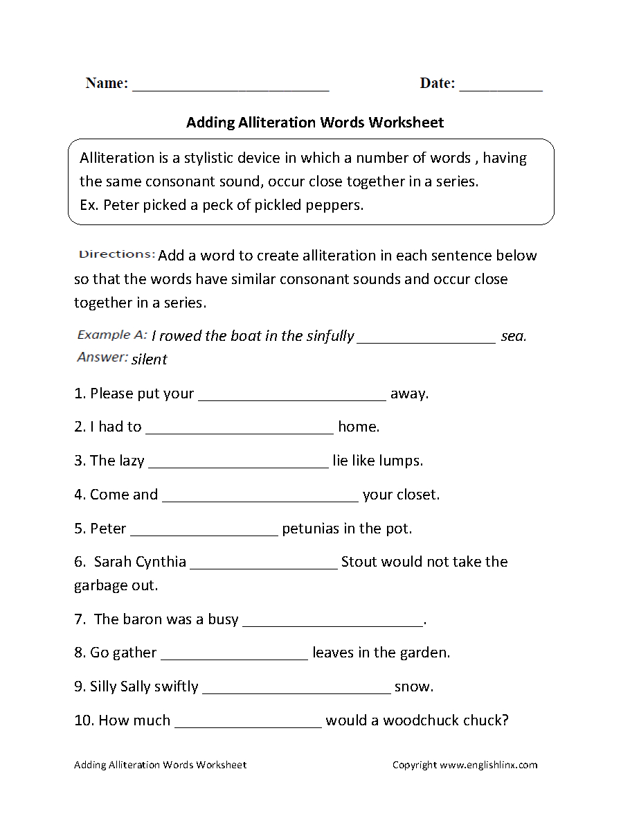Englishlinx  Alliteration Worksheets