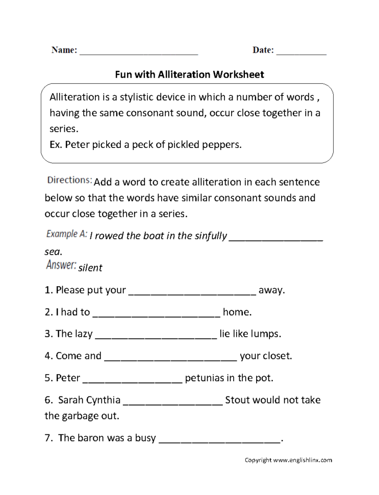 Englishlinx  Alliteration Worksheets