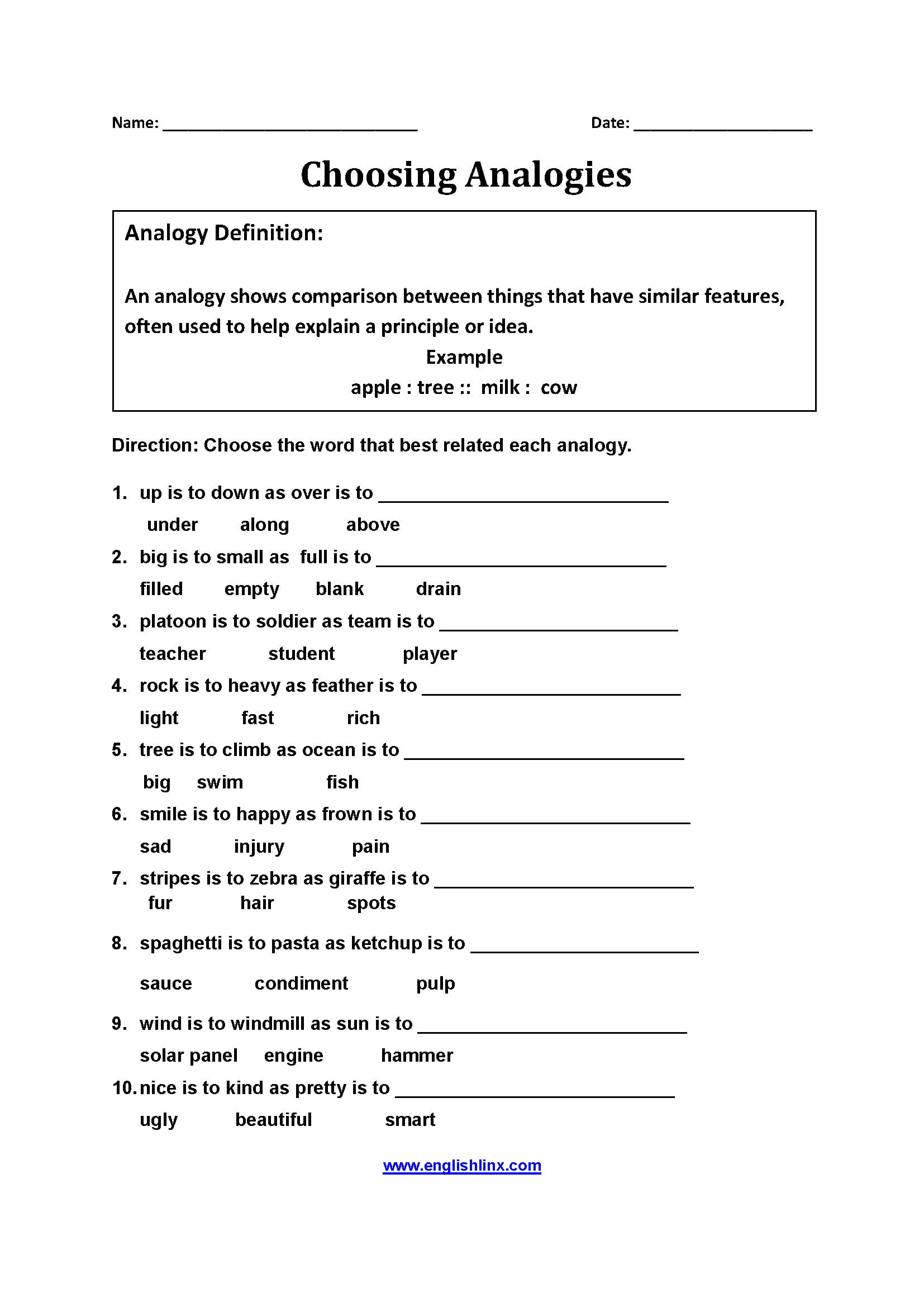 Analogies Worksheet With Answer Key — db-excel.com